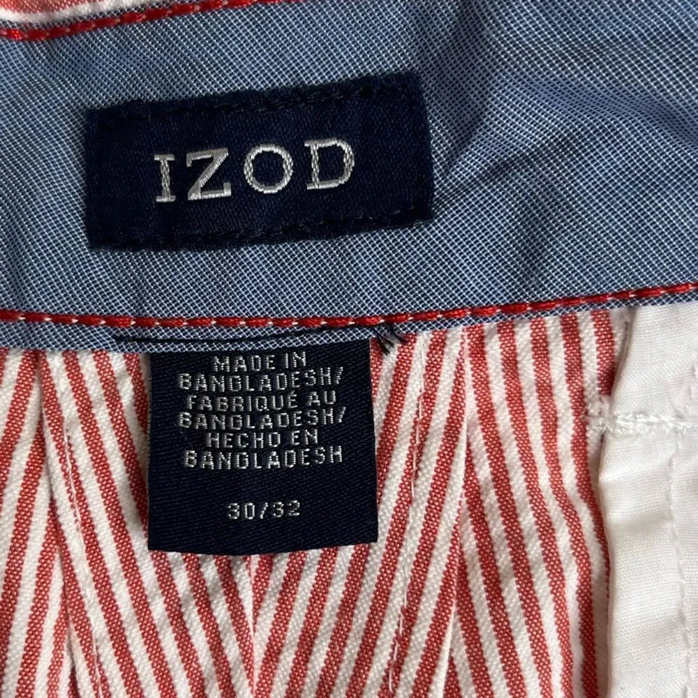 Izod Red White Stripe Seersucker Cotton Mens Flat Front Pant 30/32 Preppy Twee
